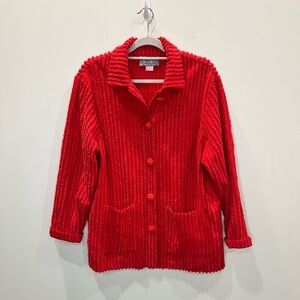 Vintage Red Ribbed Button Up Jacket Women Sz Large 100% Cotton 80’s 90’s Unique